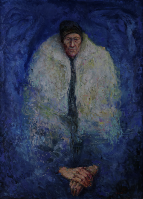 Colours of Culture — portrait of an elderly figure wrapped in a white shawl against deep blue